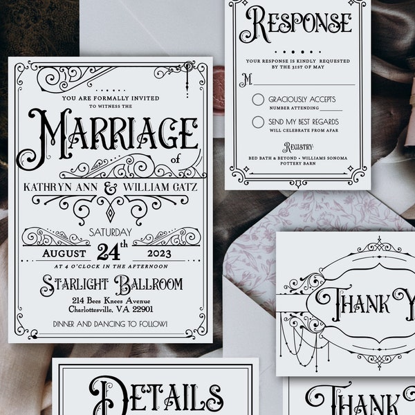 Vintage Wedding Invitation Suite, Printable, Editable Template, Instant Download!