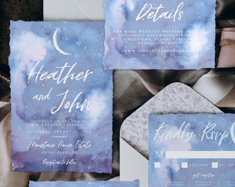 May include: Wedding invitation suite with a celestial theme. The design features watercolor washes in shades of blue and purple, with white text and crescent moon accents. Includes invitation, RSVP, details, and thank you cards.