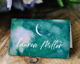 Green Galaxy Tented Place Cards, Printable, Editable Template, Instant Download!