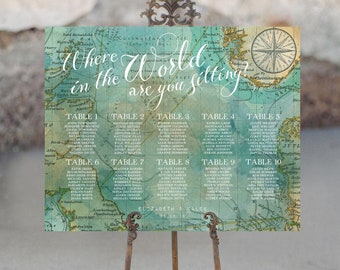 Travel Theme Seating Chart Sign, "Where in the World are you sitting?" Table Seating Plan, Editable Template, Instant Download (Printable)