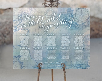 Travel Theme Seating Chart Sign, "Where in the World are you sitting?" Table Seating Plan, Editable Template, Instant Download (Printable)