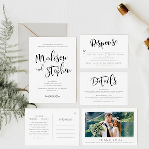 Minimalist Calligraphy Wedding Invitation Suite with Postcard Thank You, Printable, Editable Template, Instant Download!