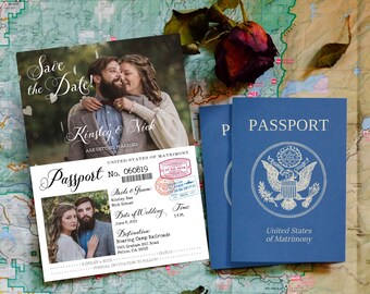Vintage Passport-Style Save the Date OR Wedding Invitation, Editable, Printable Template, Customize for any event!