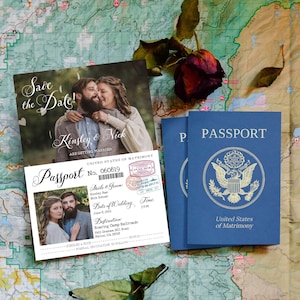 Vintage Passport-Style Save the Date OR Wedding Invitation, Editable, Printable Template, Customize for any event image 1