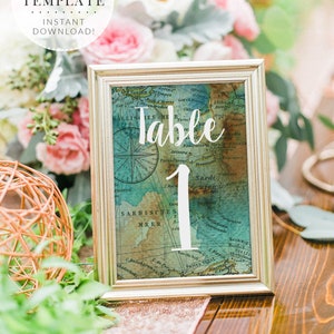 Editable Travel-Theme Table Numbers Template, Vintage Map, Instant Download, Customize it with Numbers or Destinations!