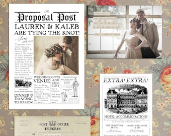 Vintage 1920s Inspired Newspaper Wedding Invitation Suite, &quot;The Proposal Post&quot;  (Printable), Editable Template, Instant Download!