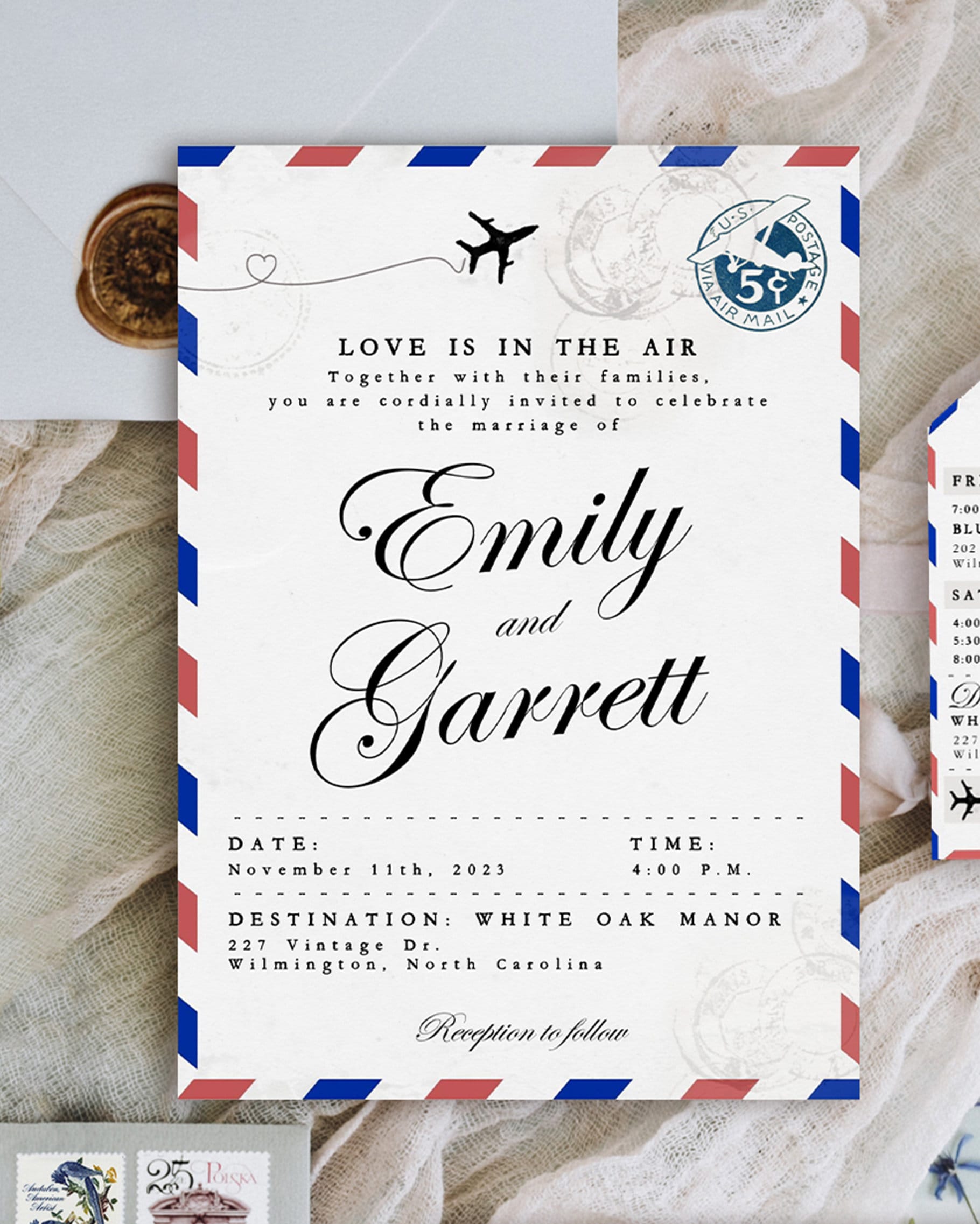 Vintage Airmail Wedding Invitation Suite! Luggage Tag Info Card ...