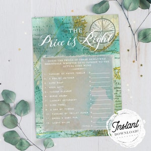 Bridal Shower Game "The Price is Right", Green Map Travel Theme, Printable Wedding Shower Game, Instant Download!