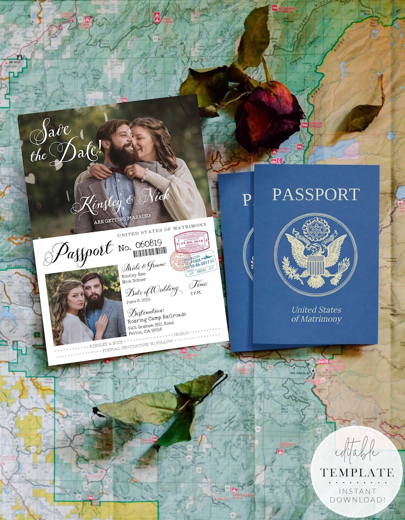 Vintage Passport-Style Save the Date OR Wedding Invitation, Editable, Printable Template, Customize for any event image 1