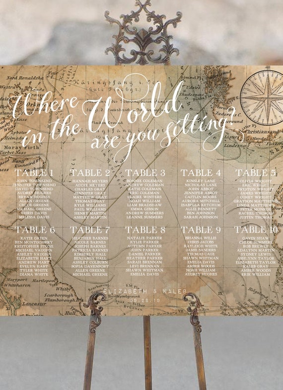 Vintage Travel Theme Seating Chart Sign, Where In The World Are.