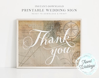 Printable "Thank You" Wedding Sign, Photo Prop Sign, Vintage Map Travel Theme, Instant-Download!