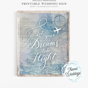 May include: A printable wedding sign with a vintage map background and the text "Let your dreams take flight". The sign is framed in a light wood frame and has a blue and white watercolor effect. The text "Travel Weddings" is in a circle at the bottom right corner of the sign.