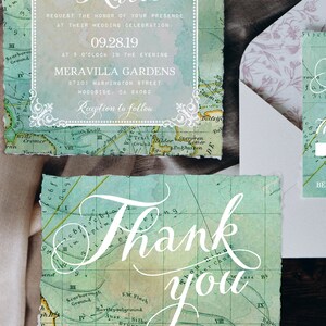 Travel Theme Wedding Invitation Suite, Vintage Green Map, Editable Template, Instant Download image 5