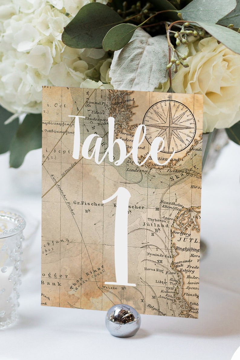 Editable Travel-Theme Table Numbers Template, Vintage Map, Instant Download, Customize it with Numbers or Destinations image 2