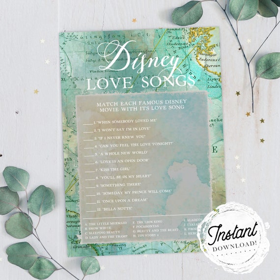 Bridal Shower Game Disney Love Songs Green Map Etsy