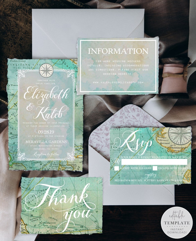 Travel Theme Wedding Invitation Suite, Vintage Green Map, Editable Template, Instant Download image 1