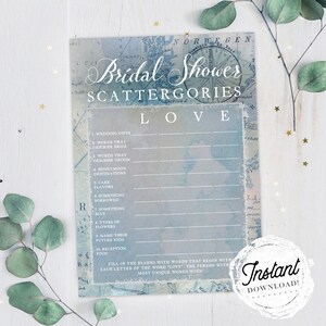 Bridal Shower Game &quot;Scattergories&quot;, Blue Map Travel Theme, Printable Wedding Shower Game, Instant Download!