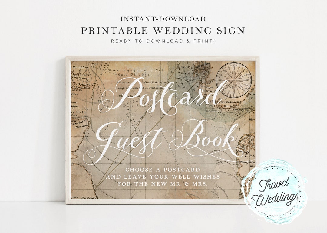 Printable postcard Guest Book Guestbook Wedding Sign, Vintage Map