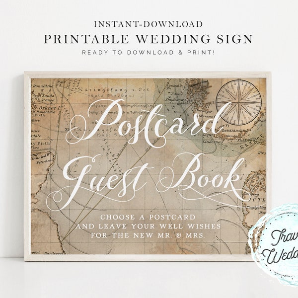 Printable "Postcard Guest Book" Guestbook Wedding Sign, Vintage Map Travel Theme, Instant-Download!