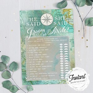 Bridal Shower Game &quot;He Said She Said&quot;, Green Map Travel Theme, Printable Wedding Shower Game, Instant Download!