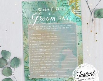 Bridal Shower Game "What Did the Groom Say?", Green Map Travel Theme, Printable Wedding Shower Game, Instant Download!