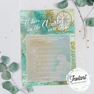 Bridal Shower Game &quot;Where in the World Were They?&quot;, Green Map Travel Theme, Printable Wedding Shower Game, Instant Download!
