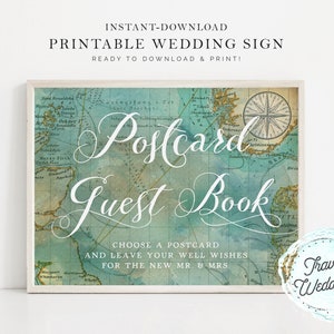 Printable "Postcard Guest Book" Guestbook Wedding Sign, Map Travel Theme, Instant-Download!