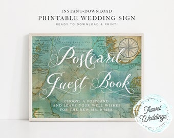 Printable "Postcard Guest Book" Guestbook Wedding Sign, Map Travel Theme, Instant-Download!