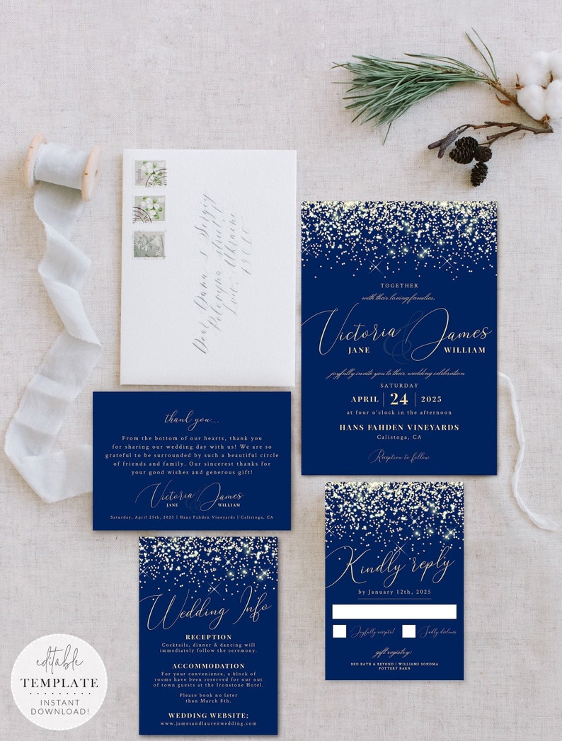 Printable Editable Template Elegant Instant Download! Navy and Gold Wedding Invitation Suite