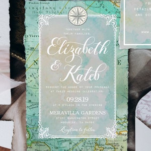 Travel Theme Wedding Invitation Suite, Vintage Green Map, Editable Template, Instant Download image 2