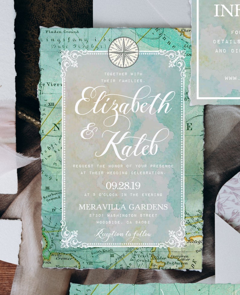 Travel Theme Wedding Invitation Suite, Vintage Green Map, Editable Template, Instant Download image 2