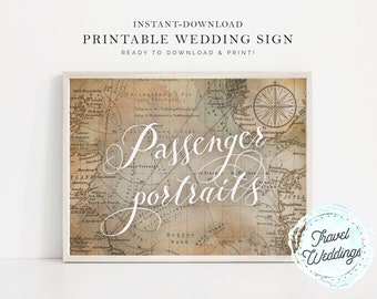 Printable "Passenger Portraits" Photo Booth Wedding Sign, Map Travel Theme, Instant-Download!
