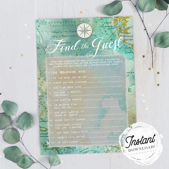 Instant Download! Green Map Travel Theme Bridal Shower Game Find the Guest Printable Wedding Shower Game