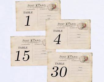 Table Numbers 1-30, Vintage Postcard Design, 4x6 inches (Printable)