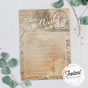 Bridal Shower Game &quot;Where in the World Were They?&quot;, Vintage Map Travel Theme, Printable Wedding Shower Game, Instant Download!