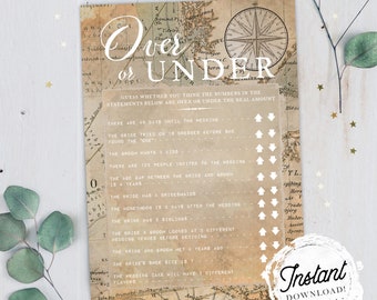 Bridal Shower Game "Over or Under", Vintage Brown Map Travel Theme, Printable Wedding Shower Game, Instant Download!