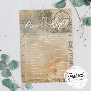 Bridal Shower Game "The Price is Right", Vintage Map Travel Theme, Printable Wedding Shower Game, Instant Download!