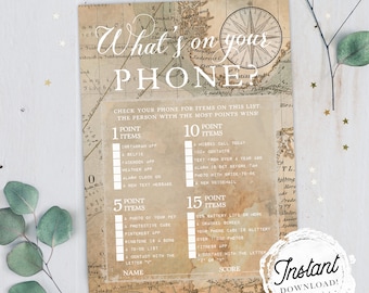 Bridal Shower Game "What's on Your Phone?", Vintage Map Travel Theme, Printable Wedding Shower Game, Instant Download!