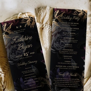 May include: A black and gold wedding program with floral designs. The program lists the wedding ceremony order and the wedding party members. The text reads "Katherine & Bryan" and "August 25th, 2032".