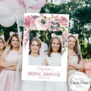 Bridal Shower Photo Prop Frame, Mauve Rose Watercolor, 24x36 inches, Printable, Editable Template, Instant Download!
