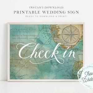 Printable &quot;Check In&quot; Wedding Sign, Map Travel Theme, Instant-Download!