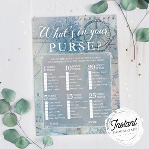 Bridal Shower Game &quot;What&#39;s in Your Purse?&quot;, Blue Map Travel Theme, Printable Wedding Shower Game, Instant Download!