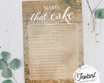 Bridal Shower Game "Name That Cake", Vintage Map Travel Theme, Printable Wedding Shower Game, Instant Download!