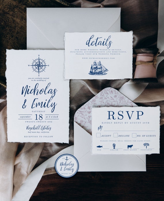 Elegant Nautical Wedding Invitation Suite, Editable Template