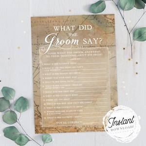 Bridal Shower Game &quot;What Did the Groom Say?&quot;, Vintage Map Travel Theme, Printable Wedding Shower Game, Instant Download!