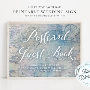Printable "Postcard Guest Book" Wedding Sign, Vintage Blue Map Travel Theme, Instant-Download!