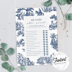 Bridal Shower Game "He Said She Said", Elegant Blue French Toile Design, Printable Wedding Shower Game, Instant Download!