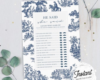 Bridal Shower Game "He Said She Said", Elegant Blue French Toile Design, Printable Wedding Shower Game, Instant Download!