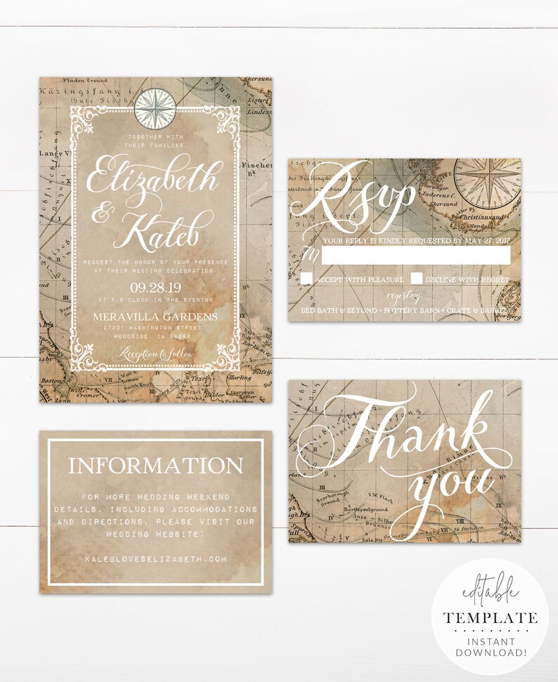 Vintage Travel Wedding Invitation Suite, Printable, Editable Template, Instant Download image 2