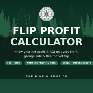 Spreadsheet voor het berekenen van de winst bij het flippen, ROI-tool voor het flippen van tweedehandsartikelen, tracker voor wederverkopers op garageverkopen, Excel & Google Sheets